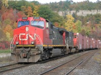 A westbound CN freight climbs the escarpment at Dundas with fall colours draping the limestone and dolostone of the Niagara Escarpment.