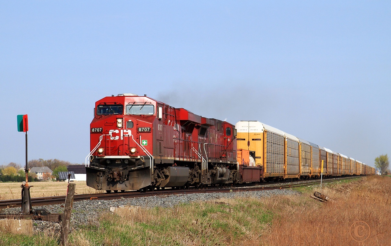 CP 8707 and 9543 charge west with train 147 at mile 90.8 on the CP's Windsor Sub, St. Joachim Ontario April 3, 2012.