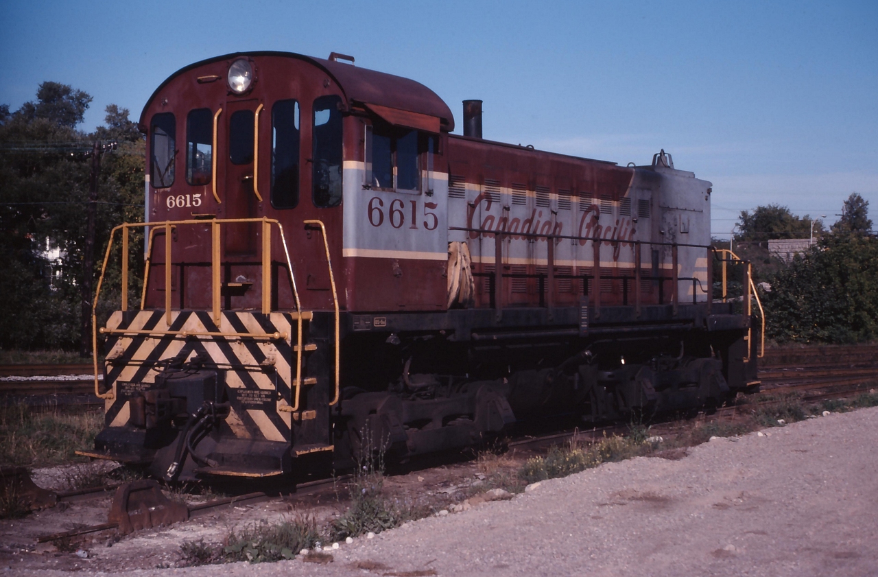 CP 6615 is the power for the Guelph switcher idling by the station
