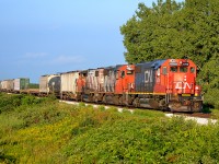 CN 439 led by a trio of Geeps, returns westbound towards Windsor from its daily trip to London.