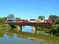 CP 641 led by SOO 6035 crosses the canal bridge at Merlin Road as it heads westbound towards Windsor