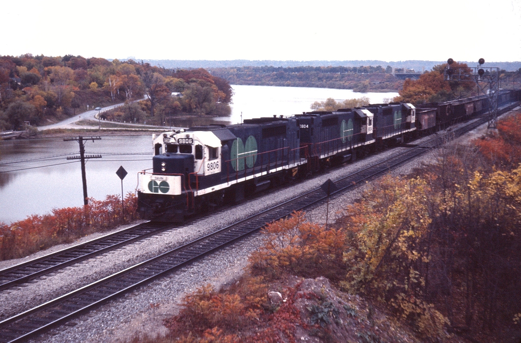 A trio of GO GP40TC's lead an eastbound CN freight off the Dundas sub.