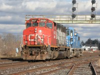 Southern Ontario Railway local heads back to Brantford after dropping off cars at Paris Junction. The blue unit is interesting as well as the person peering out of the cab window.