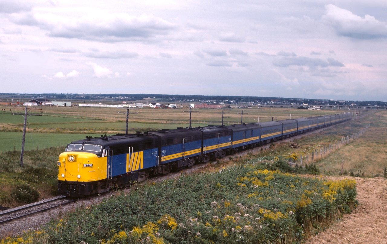 VIA #11 flies through the country side outside of Amherst Nova Scotia, bound for Montreal.