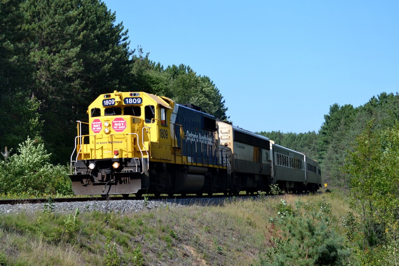 Southbound train #698, The Northlander, gives a nice blast of the horn and a friendly wave on its way out of Huntsville. I was having a hard time finding a good spot to catch the train, not being from the area, but still managed to get this picture off.