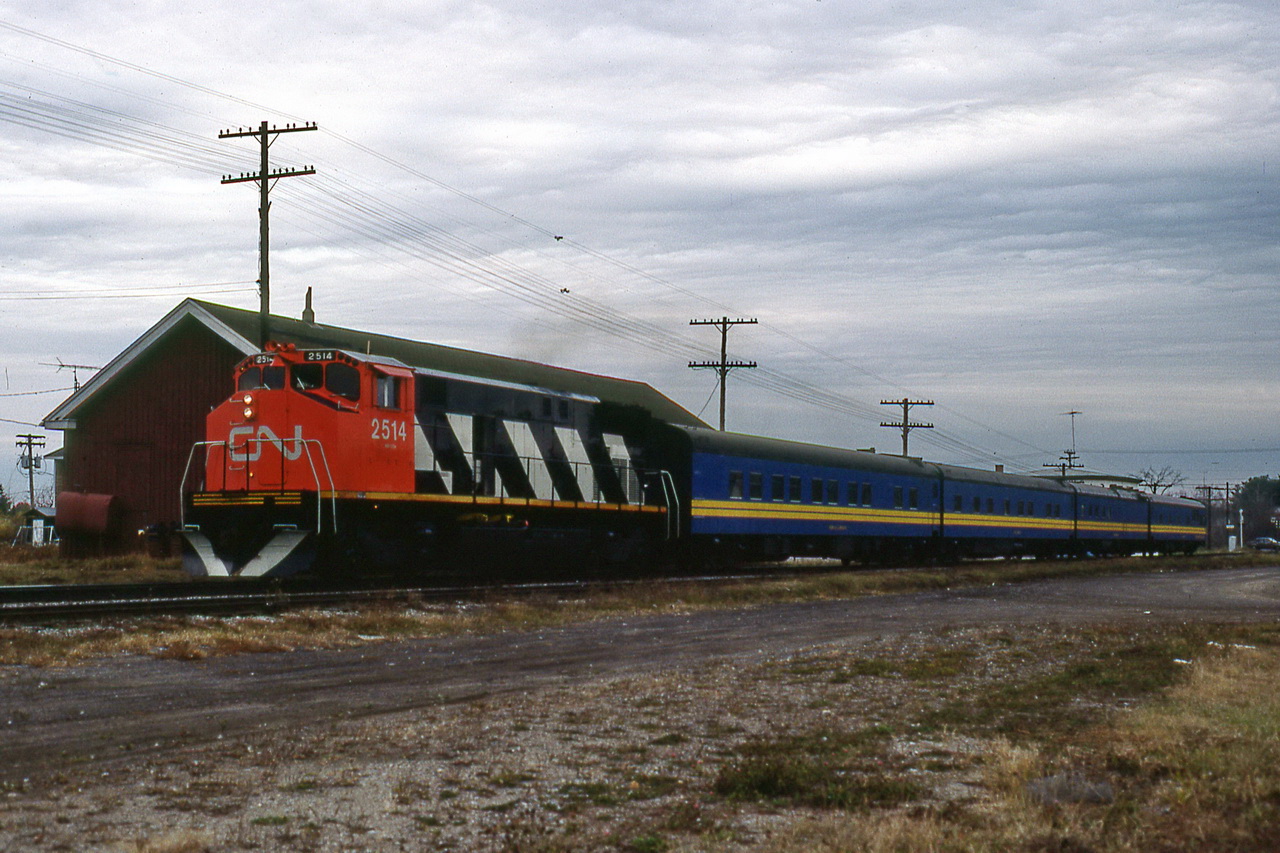 CN 2514 leads an inspection train with car Sandford Fleming bringing up the rear on this gloomy sunday morning.