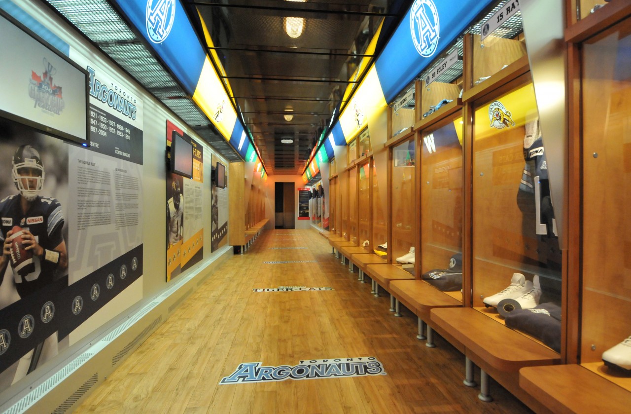 Shown here is the interior of the "Locker Room" car (Rebuilt from a Canadian Pacific Railway coach) on the Canadian Football League’s 100th Anniversary tour train.