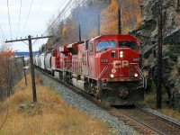 Approaching Red Sucker Tunnel, CP 9150  and 8810 lead Thunder Bay to Toronto train 220 at mile 72 on the CP's Heron Bay Sub October 11, 2010.