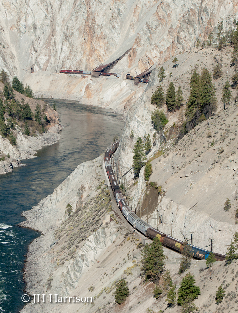 CPXW 8928 taken from a viewpoint in the Skihist Prov. Park as it travels through Avalanche Alley in the White Canyon just east of Lytton, B.C.