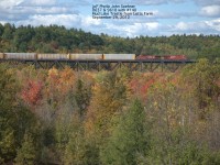 Fall colours changing in the lower swampy area under Mud Lake Trestle.  CP #140 with 8637 & 9618 on Mud Lake Trestle shot from the Letts Farm south of the trestle September 29, 2012