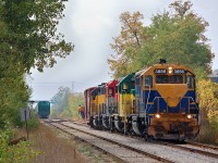 After switching the Clarke's warehouse on the eastside of Kitchener, a crew member watches "the point" as the crew backs the quartet of engines and solo boxcar back to the Kitchener station. This would be the last time I caught GEXR 432 during their "all four axle era" roster. In the lash up are GEXR GP38-2 3856 - GEXR GP40 4046 - RLK GP40 4096 - LLPX GP38 2210