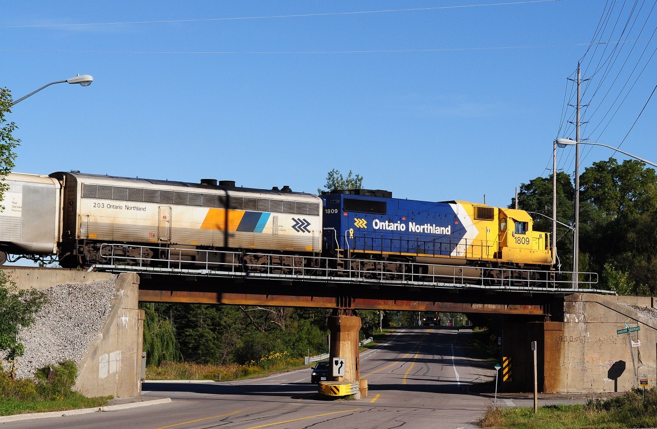 ONR 697 – The Northlander – is on the Vandorf Viaduct, CN Bala Subdivision mile 30.5,  Sept 24 2012. Thirty point five miles in fourty six minutes: average speed thirty nine point seven miles per hour. Image by S.Danko.