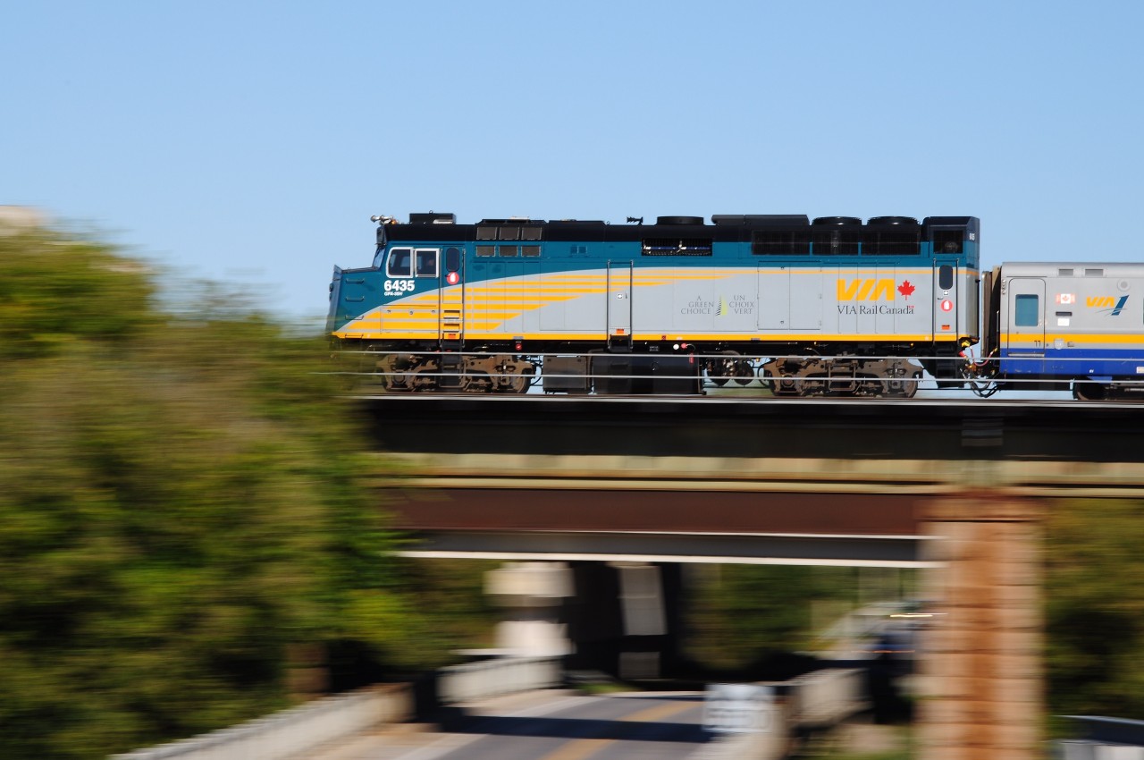At track speed Via Train #53 zips over Duffins Creek, Pickering, CN Kingston Sub mile 311 on the approach to Pickering Jct., Sept 27 12. Image by S.Danko.