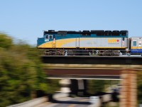 At track speed Via Train #53 zips over Duffins Creek, Pickering, CN Kingston Sub mile 311 on the approach to Pickering Jct., Sept 27 12. Image by S.Danko.