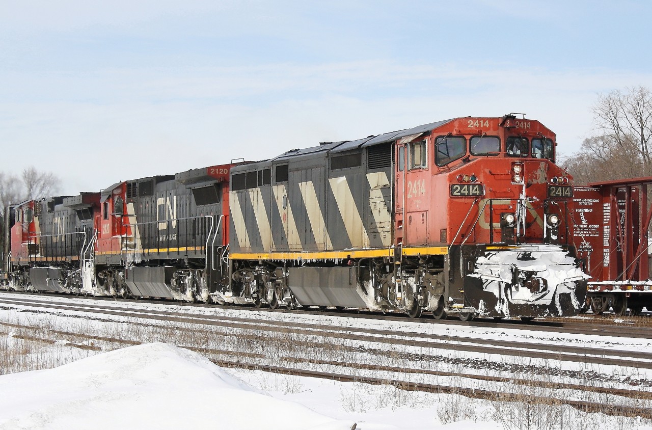 CN 2414 leads a freight into Brantford to do some yard work.  Possibly a late CN 396.