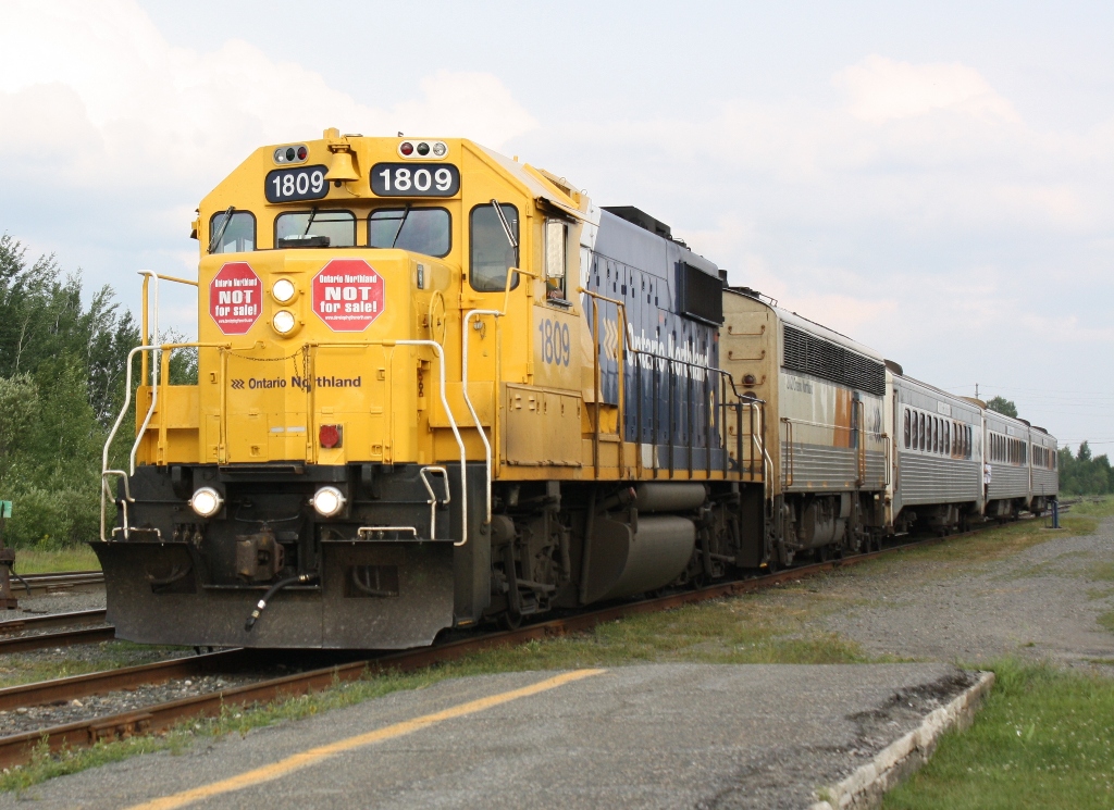 The Northbound Northlander cruises into Englehart with ONT 1809 on the point.  Soon this picture will be something of the past.  The Ontario Government has announced that Northlander service will be cancelled at the end of September.