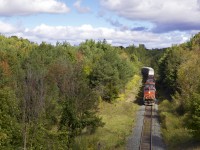 The end of an era, this would be CN 435's last regular trip down the Bala Subdivision. Due to an extra track installation at Aldershot, 435 will no longer be taking the southerly Don Valley/Lakeshore route to drop off it's Oakville Yard auto traffic. It can now do the northerly Halton Sub run like all other westbounds, drop off it's Oakville's at Aldershot, leaving L554, the new Aldershot "turn" to deliver the multi's from Aldershot to Oakville. 