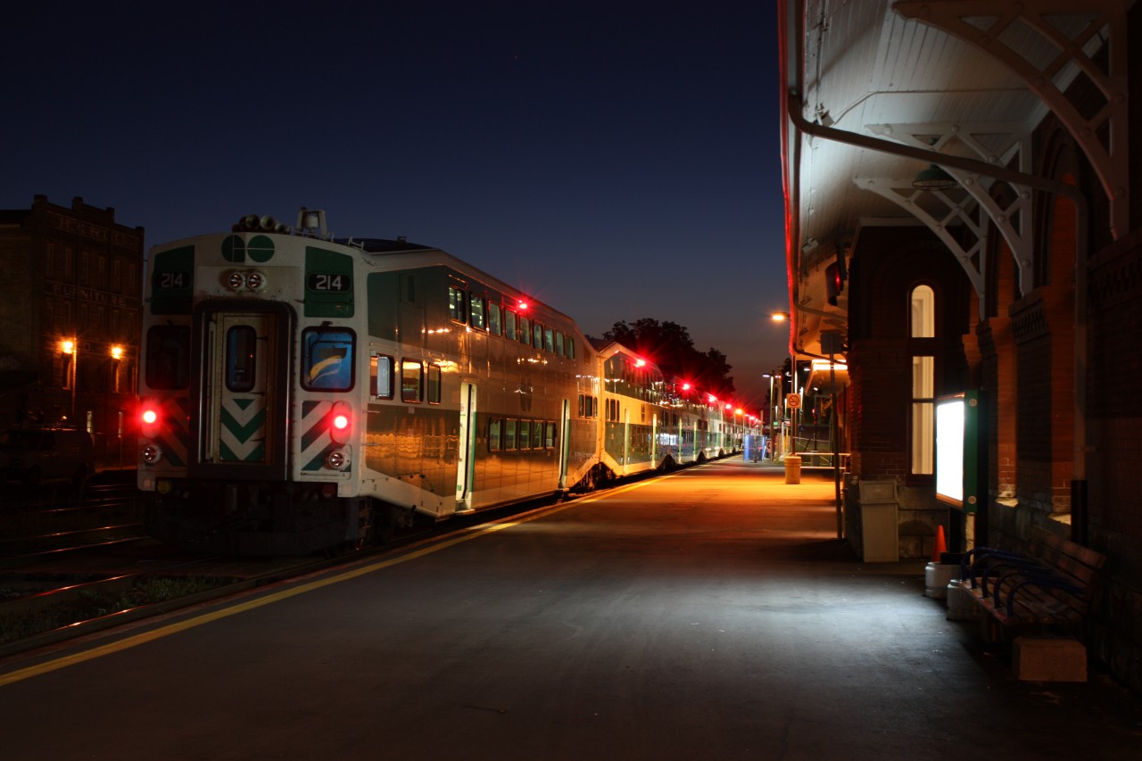The first GO train of the day prepares to depart Kitchener station for Toronto.