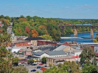 The unexpected surprise, CN's Test Train rolls across the Grand River Bridge in Paris, Ontario. 