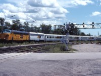 ONT 697 rolls into Washago for a station stop.