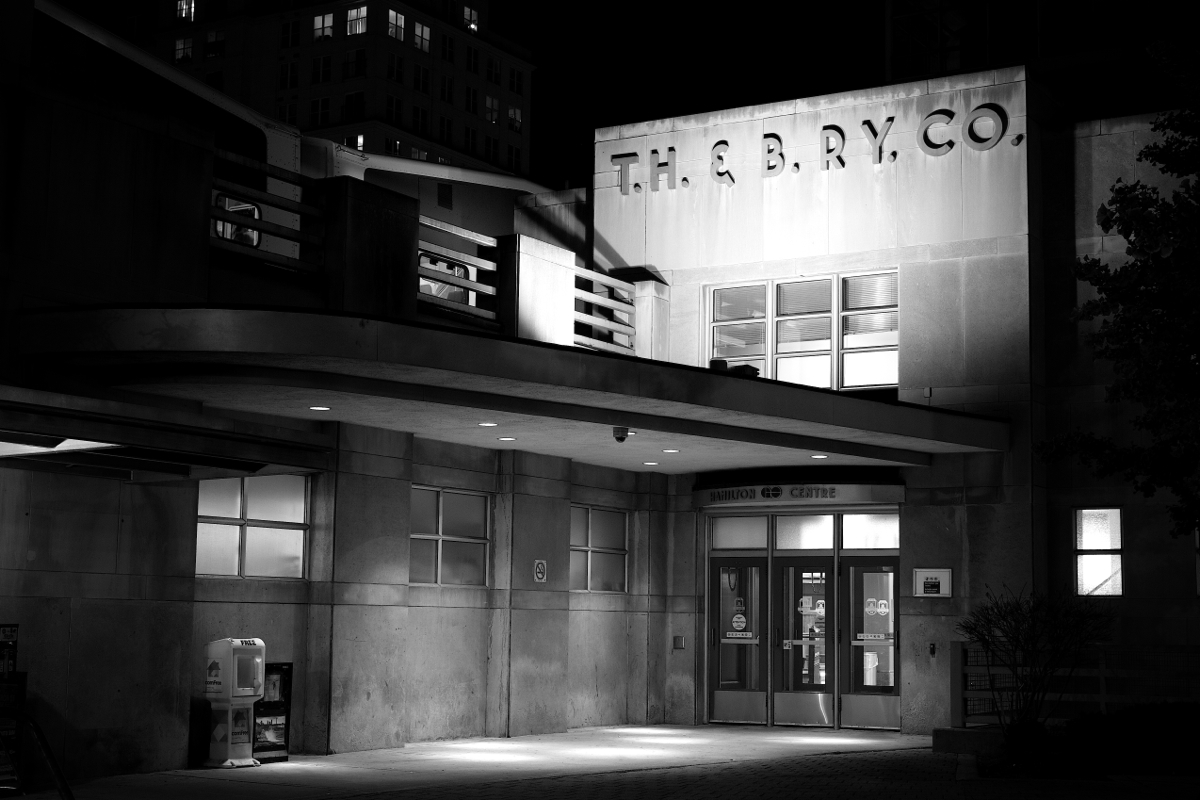 Still wearing T.H. & B. RY. CO. font, the Hamilton GO Centre does not hide it's heritage as it advances into the 21st Century.