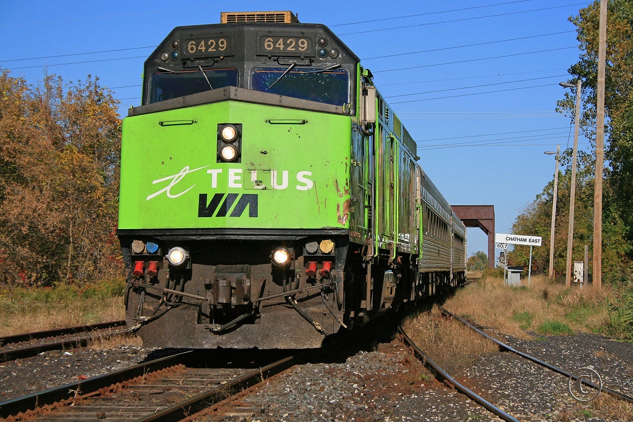VIA 6429 with Windsor bound train 73 nears the station in Chatham October 10, 2008.