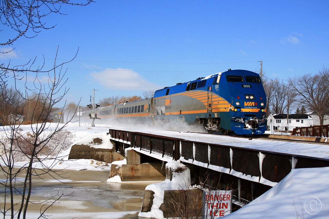 VIA 909 with Windsor to Toronto train 72 blows through Belle River on a crisp winter morning March 5, 2008.