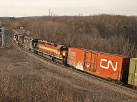 Less than six years ago, by my how things have changed! CN SD75I 5756 leads IC SD40-2 OLS 6005 and WC SD456u 7504 up onto the Dundas Sub. This was the last time I ever saw an SD45 that I can recall.