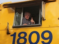Engineman Wayne Sykes puts on a brave front as he gives a thumbs-up for the photographer as we bid farewell at Gravenhurst Station.
