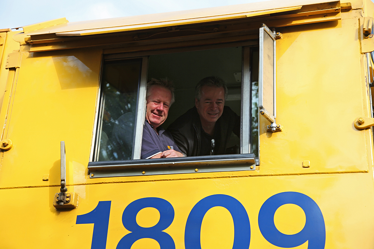 The Wayner and Woody Show: Enginemen Wayne Sykes and Dennis Wood smile for the camera as we bid farewll at Gravenhurst Station.
