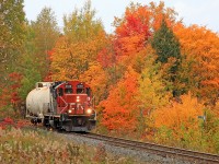Today's 595, a "one car wonder" on return from Longford Mills, passes some of the colorful fall foliage that makes the Muskoka area a magnet for tourists from all over the world at this time of year.Too bad we don't have a passenger train to bring them here anymore! :(