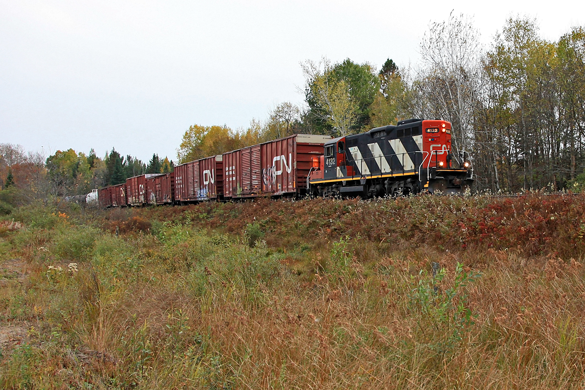 CN 595 headed south late today and caught me napping, however a brisk wind from the south allowed me to hear it blowing for the crossing in Utterson on it's return north. I grabbed my camera and was able to get to this spot with about 30 seconds to spare. As you can see, the aforementioned winds have blown down a lot of the leaves already while others have yet to turn.