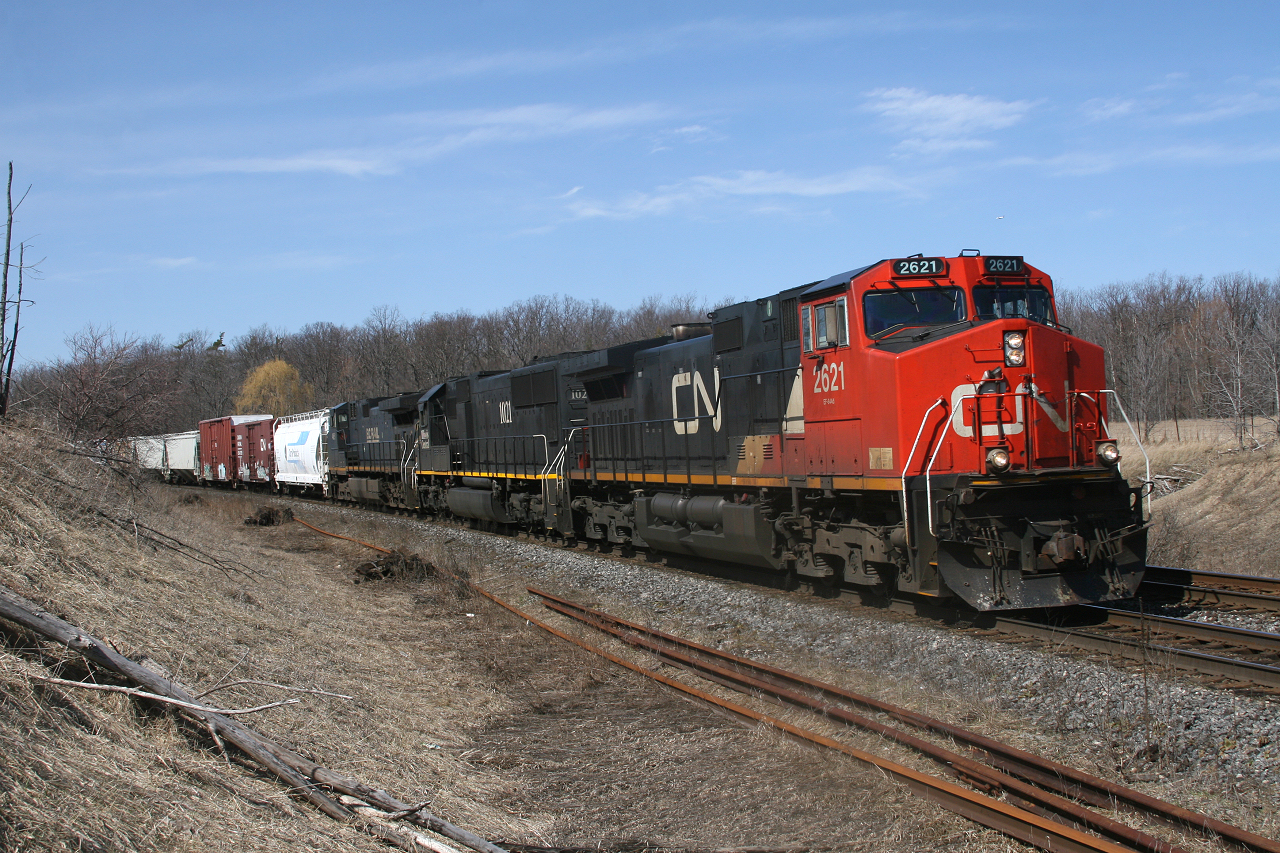 CN 2621, IC 1021 and BCOL 4651 power train 339 across Tremaine road.