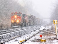 CN 2601 and 2128 approach the summit of the grade at Copetown amid a violent snowstorm.