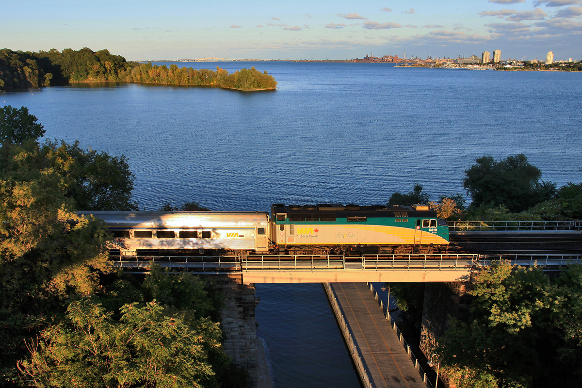 The passengers of VIA 95 enjoy a majestic view of Hamilton Harbour from their Budd Cars on their way to Niagara Falls.