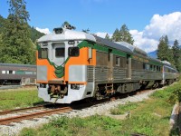 A BC Budd now withdrawn from service is repainted in original PGE colours at the West Coast Railway Heritage Park