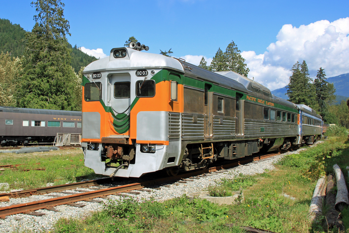 A BC Budd now withdrawn from service is repainted in original PGE colours at the West Coast Railway Heritage Park