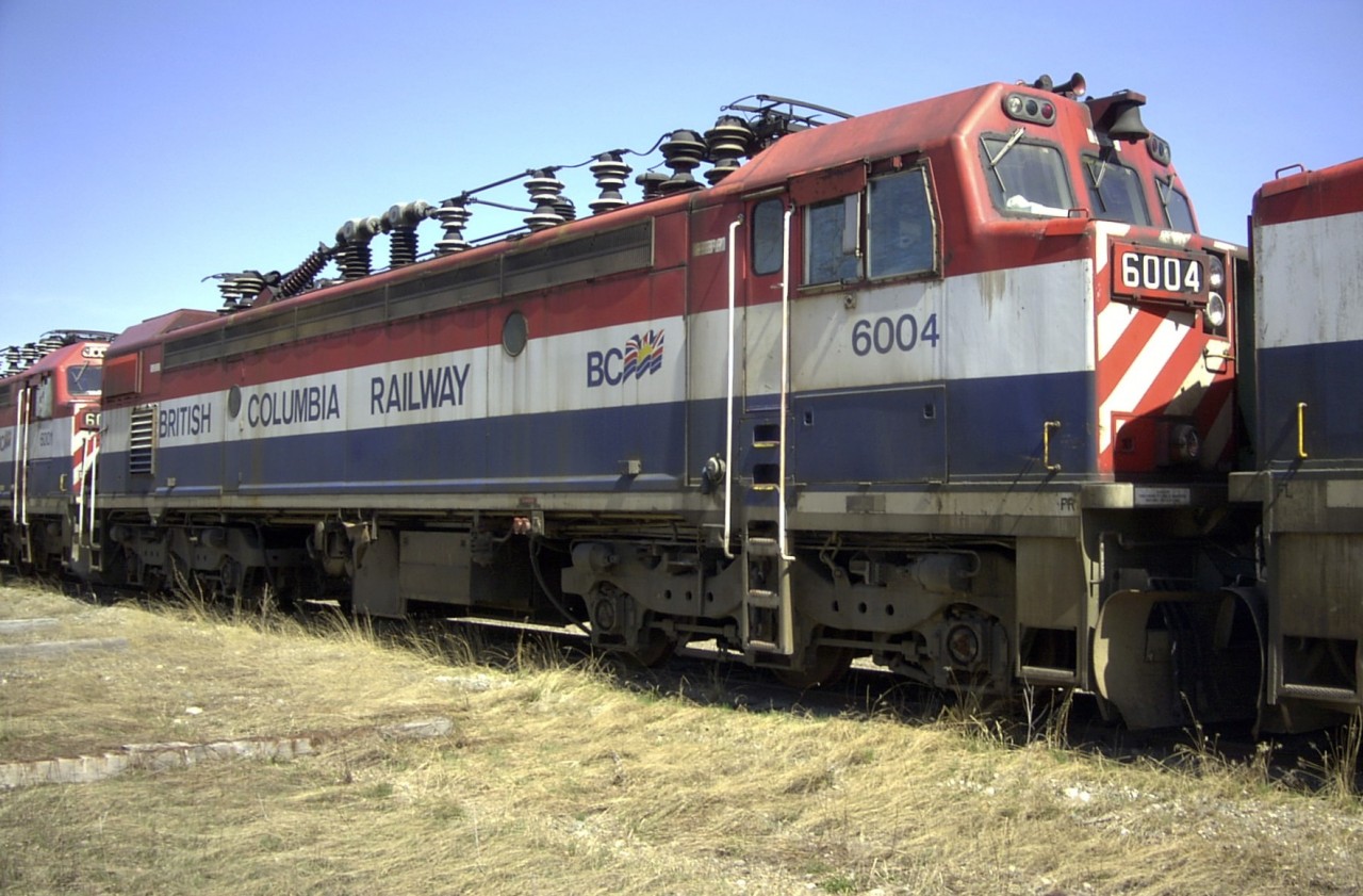 BCR electric 6004 sits on the dead line in Prince George, BC coupled to BCR 6001, 02, 03, 05, 06 & 07. 6001 may be the lone survivor of the bunch.