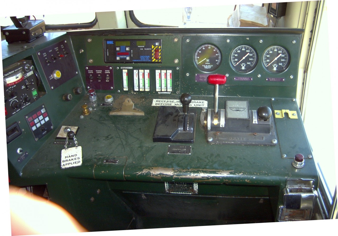 Engineers control console in BCR electric locomotive 6004.