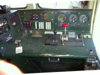 Engineers control console in BCR electric locomotive 6004. 