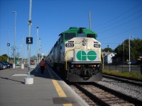 F59PH #563 brings up the rear of a GO Train at Barrie's Allandale-Waterfront station.  On weekends during the summer of 2012, GO offered train service between Toronto and Barrie.  The two consists used two F59PHs, one at each end.