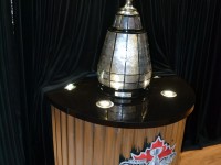 The Grey Cup, onboard CP car #103, posing for pictures.