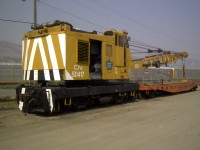 CN 50417 has been repainted in a retro-scheme to honour the crane used in the construction of the Great Slave Lake Railway which began in 1962.  This Wellman model DE 400, s/n 4402 locomotive crane was built new in 1962.  The crane is unique in that neither the name WELLMAN or OHIO is cast into the counterweight at the back of the crane.  Operator Danny MacIlroy has the 50417 in absolutely pristine condition on this beautiful September day.