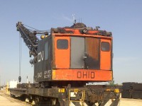 CN 50437, an Ohio model DE 400 locomotive crane will be celebrating its 40th birthday next year.  Built for CN in 1973, this particular crane has a 2-foot elevated operators cab to improve sightlines into open top railcars to aid in material loading and unloading.  The crane sits in the afternoon sun feeling lonely on the day after her long time operator 'Ray' retired from CN.