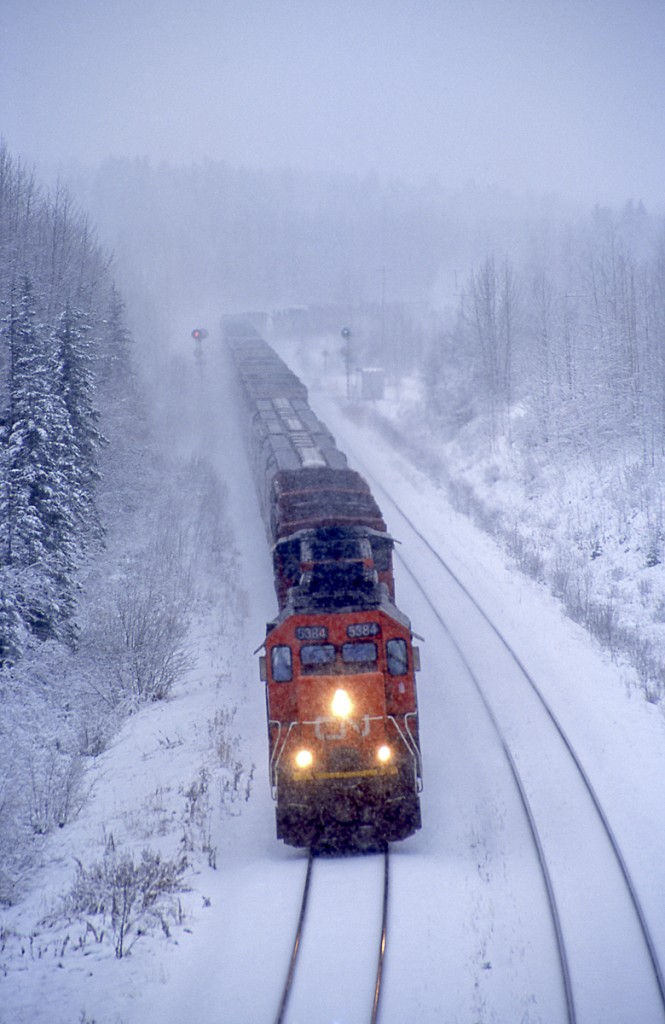 SD40-2 5384 and a sister pull an eastbound grain empty through a blinding October snow storm