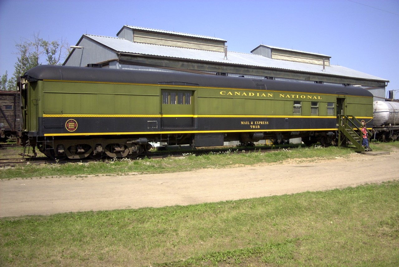 Security was in place back in the day as evidenced by the bars at each window of the car.  Mail & Express car CN 7815 has been nicely preserved in CN's 1950's paint scheme and is on display at the Alberta Railway Museum on the outskirts of Edmonton.