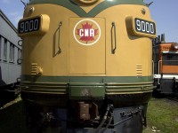 A big brawny nose shot of CN 9000 enhances its clean lines and the classic 1950's CN paint scheme.