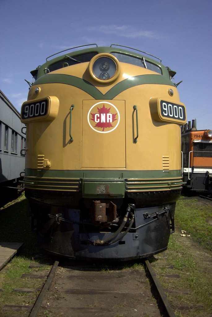 A big brawny nose shot of CN 9000 enhances its clean lines and the classic 1950's CN paint scheme.