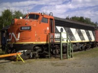 In deperate need of a repaint, CN 9169, a GFA-17a series unit sits on display at the PG museum along with several other members of the family. Note that the stripes lean forward towards the cab on this locomotive.  Keep an eye out for future photos that show variations of this paint scheme and the direction of the stripes are angled.