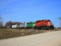 CP 6038 with trailing GFCX units 3061,3080 and 3091 lead westbound train 937 at mile 41 on the CP's Windsor Sub April 16, 2008.